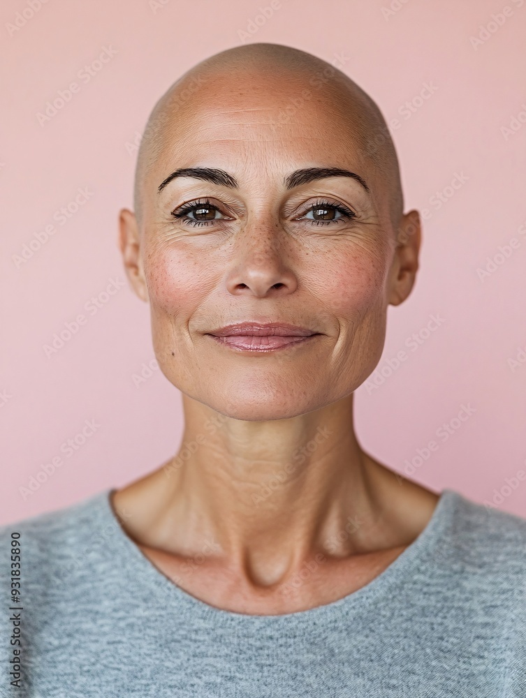 Confident bald woman smiling on pink background. Studio portrait style. Breast cancer awareness and women's empowerment concept. Design for health campaigns and female strength initiatives Confident bald woman smiling on pink background. Studio portrait style. Breast cancer awareness and women's empowerment concept. Design for health campaigns and female strength initiatives
