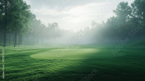 Serene Golf Course at Dawn with Lush Greenery and Misty Atmosphere in Early Morning Light