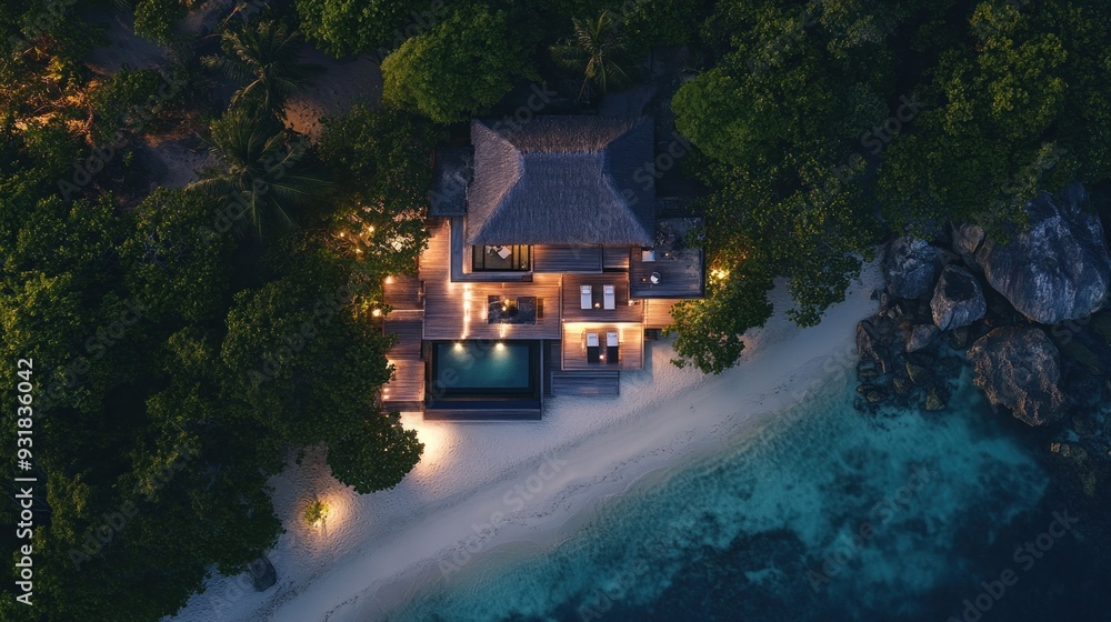 Fototapeta premium Aerial View of a Luxurious Beachfront Villa at Night