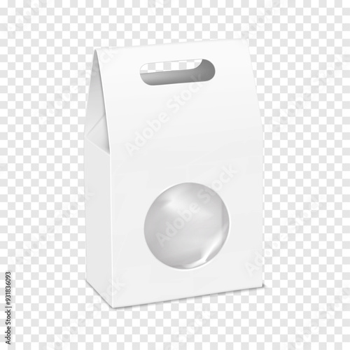 White blank folding cardboard gable box with clear plastic window and die cut carry handle. Realistic 3d vector mock-up. Paper gift bag transparent packaging. Mockup. Template for design