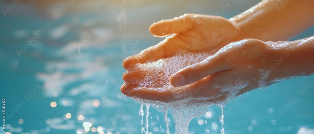 Hands Cupping Water and Soap Bubbles Dripping into a Pool Hands Cupping Water and Soap Bubbles Dripping into a Pool