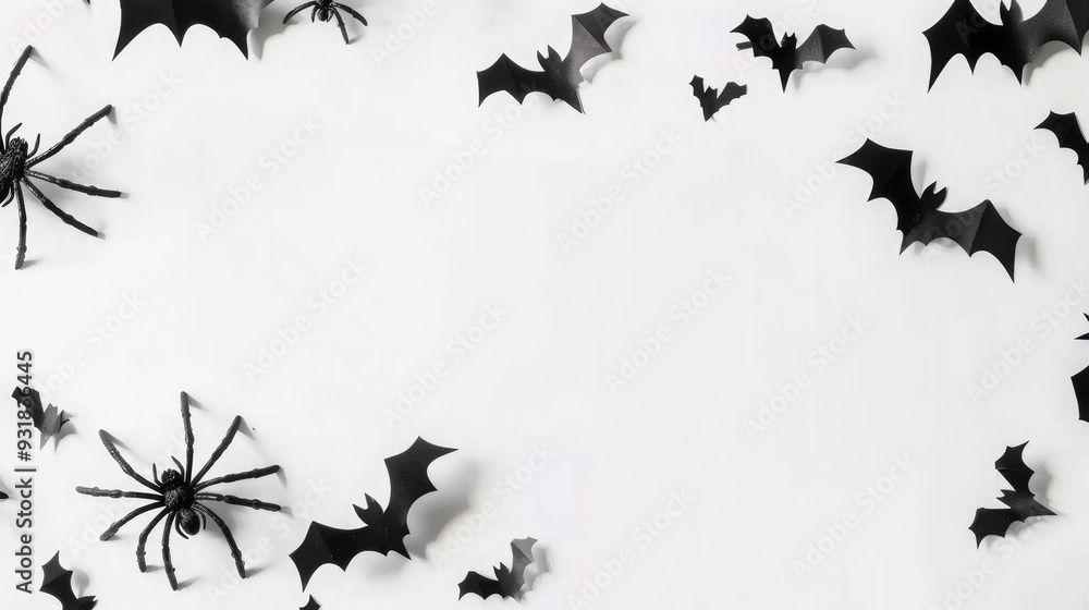 Fototapeta premium Creative Halloween Decorations Concept Featuring Black Spiders and Bats on a White Background - Flat Lay Arrangement with Ample Copy Space for Seasonal Invitations and Promotions.