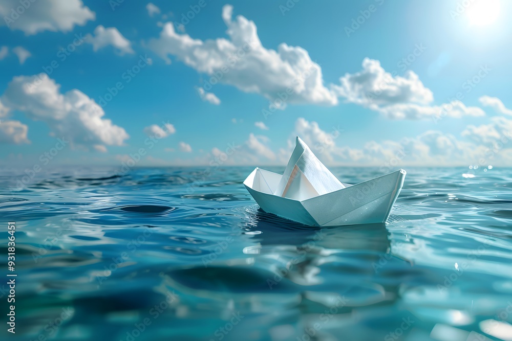 Obraz premium Tranquil Scene of a Paper Boat Floating on Calm Waters Under a Bright Sky