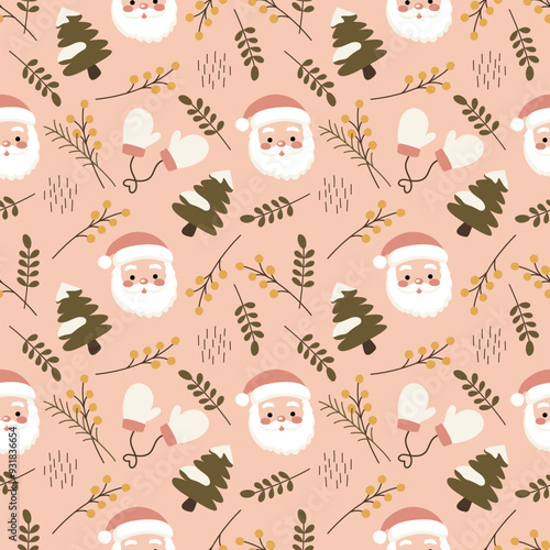 Cozy Christmas seamless pattern with a cute hand-drawn Santa Claus and Christmas gloves, Festive holiday card design. Greeting cards, wallpapers, winter season decorations on a pink background