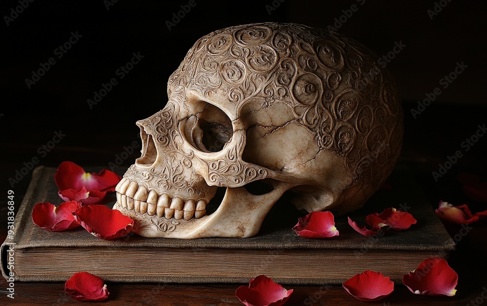 Naklejka premium skull with a red petals