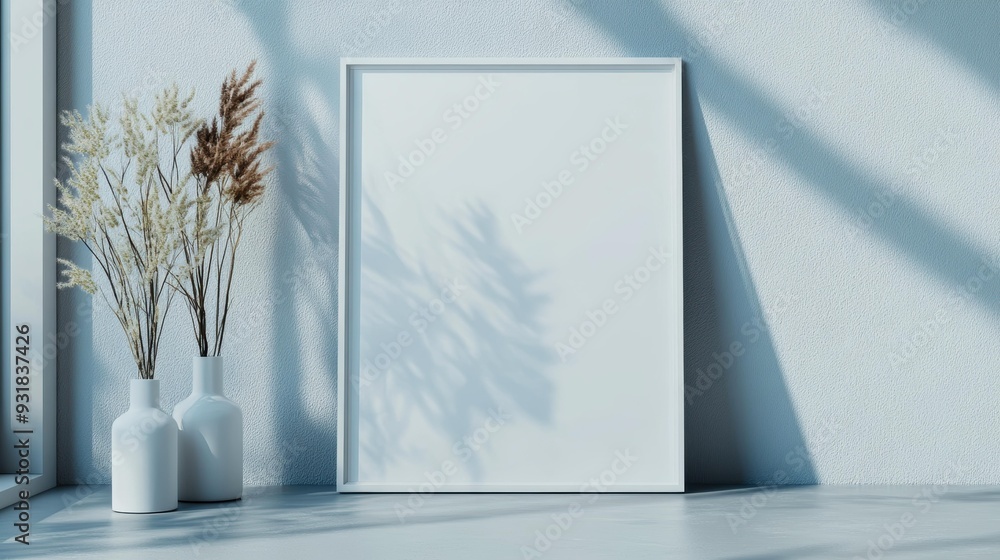 A minimalistic interior setting with a blank frame leaning against a textured wall next to vases holding dried plants, Ideal for mockups, decor inspiration, or minimalist design concepts, A minimalistic interior setting with a blank frame leaning against a textured wall next to vases holding dried plants, Ideal for mockups, decor inspiration, or minimalist design concepts,