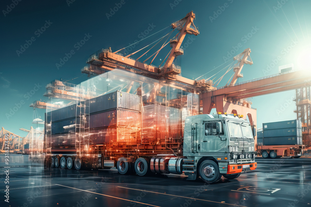 Busy port with cargo trucks and planes at work Busy port with cargo trucks and planes at work