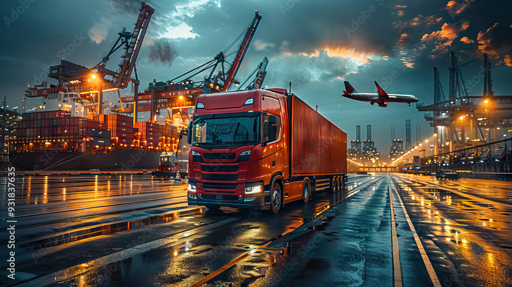 Container truck at a busy port during sunset Container truck at a busy port during sunset
