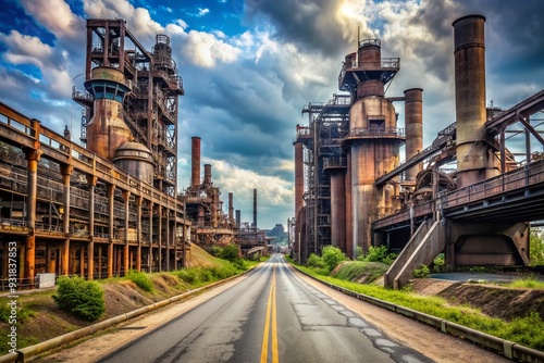 Industrial Rust Belt Highway: Rugged asphalt, weathered steel structures, decaying factories, gritty aesthetic