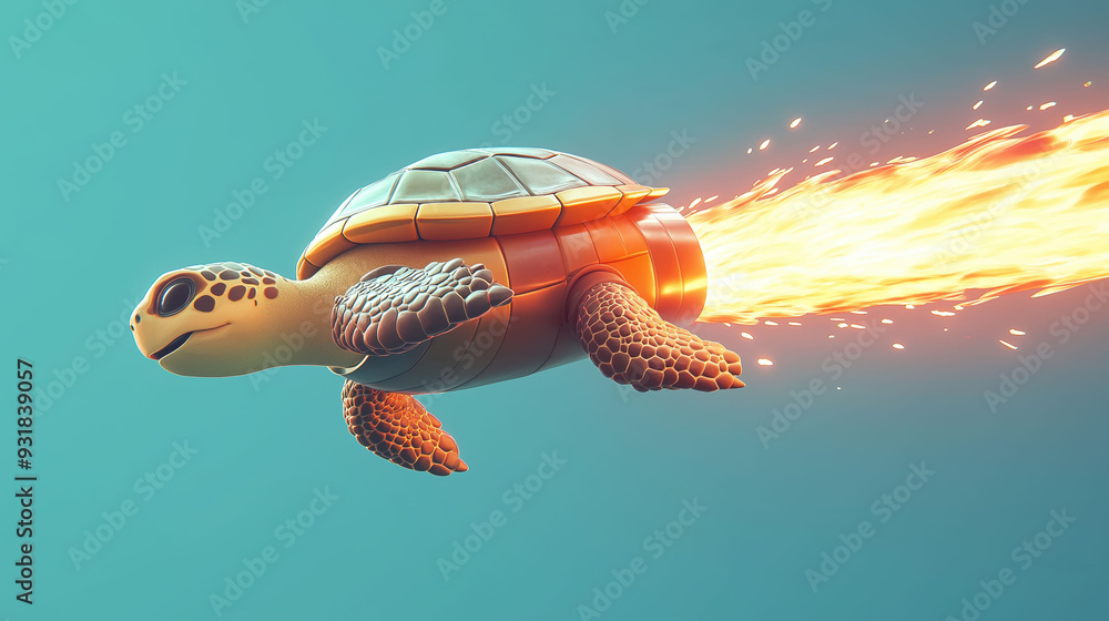 Obraz premium A turtle with a rocket tail flying on the blue sky at high speed