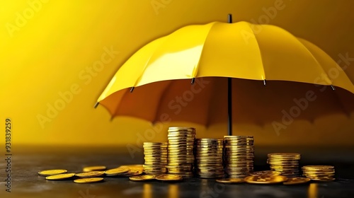 Wallpaper Mural Yellow Umbrella Cover, Dark Gray Floor, Coin Stack, Vibrant Background, Financial Protection Concept, Store Security, Low Perspective, High Detail Torontodigital.ca