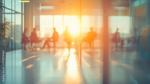 Individuals gather in a well-lit office, silhouettes visible against the warm glow of the setting sun