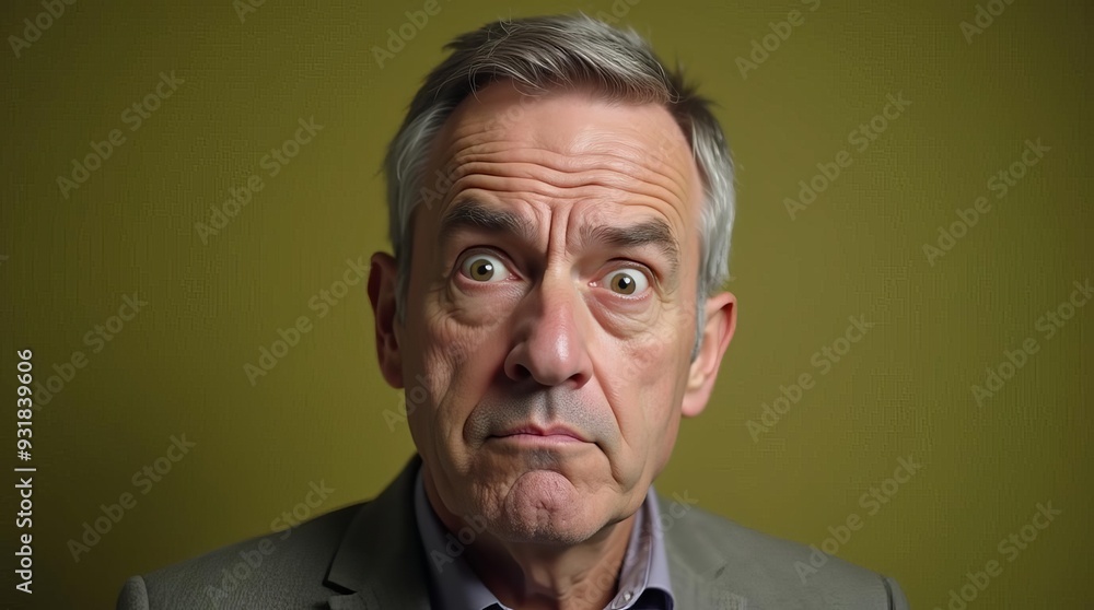 Fototapeta premium Shocked Senior Man Portrait: Expressive Facial Reaction of Elderly Gentleman on Yellow Background
