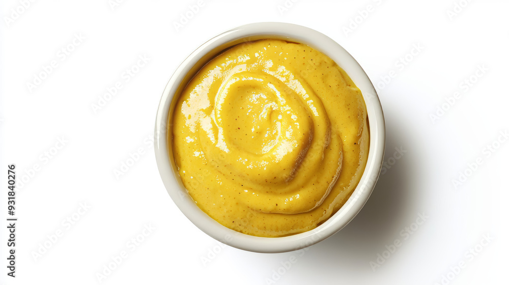 Top view of a bowl of mustard sauce, isolated on a white background. Yellow mustard sauce in a bowl, viewed from above. Top view of a bowl of mustard sauce, isolated on a white background. Yellow mustard sauce in a bowl, viewed from above.