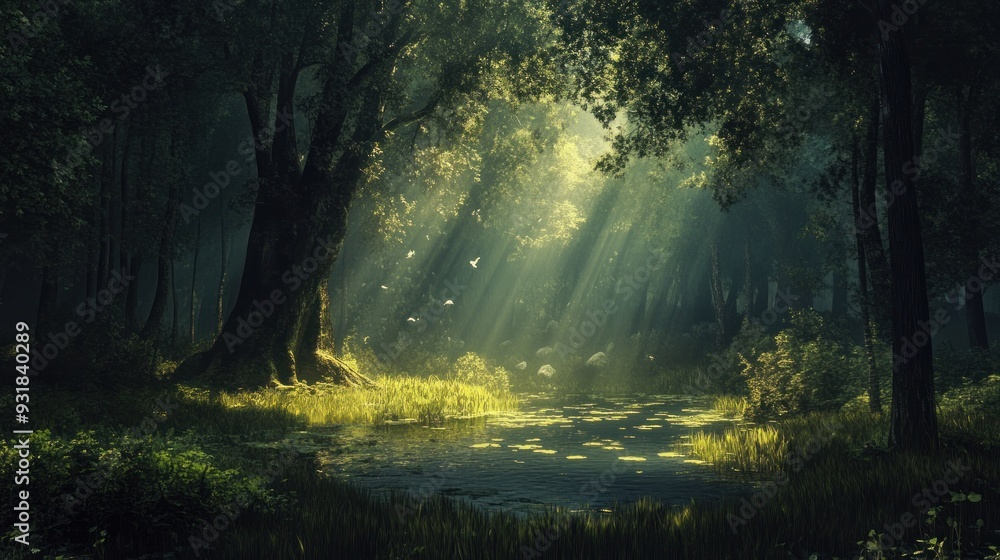 Sunbeams Piercing Through a Dense, Foggy Forest, Illuminating a Pond Sunbeams Piercing Through a Dense, Foggy Forest, Illuminating a Pond