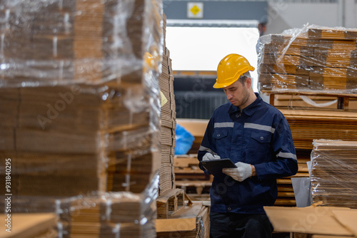 Man paper warehouse worker holding tablet checking inspecting quality cardboard corrugated carton in storage. Large industry in paper product line manufacturing.