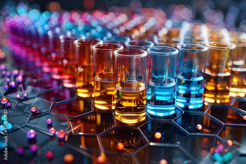 Vibrant Laboratory Scene with Colorful Test Tubes and Molecular Structures