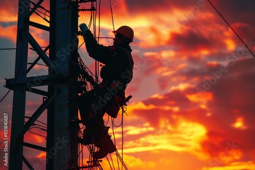 Electrician Working at Sunset on Telecommunication Tower