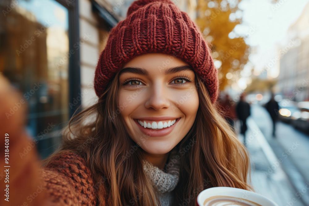 A joyful woman in a red hat enjoying a warm drink on a beautiful autumn day in the city A joyful woman in a red hat enjoying a warm drink on a beautiful autumn day in the city