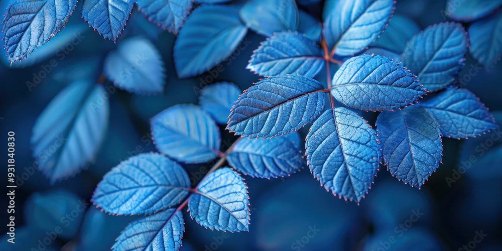 Detailed close-up of blue leaves with serrated edges in soft light creating a serene natural atmosphere. Detailed close-up of blue leaves with serrated edges in soft light creating a serene natural atmosphere.