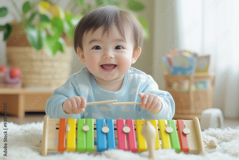 Joyful toddler playing a colorful xylophone in a bright, sunny room filled with plants and toys Joyful toddler playing a colorful xylophone in a bright, sunny room filled with plants and toys