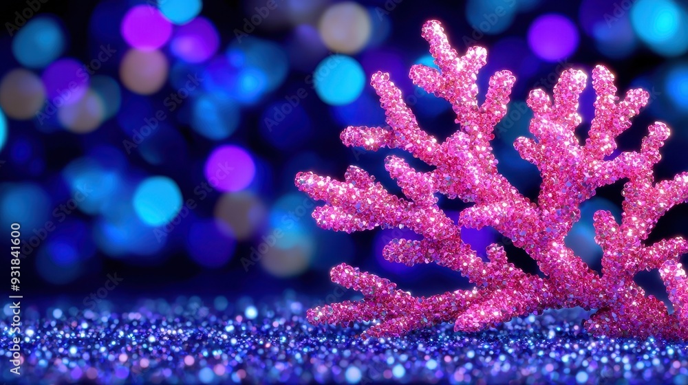 A vibrant pink coral sits atop shimmering blue and purple glitter, creating a magical underwater ambiance. A vibrant pink coral sits atop shimmering blue and purple glitter, creating a magical underwater ambiance.
