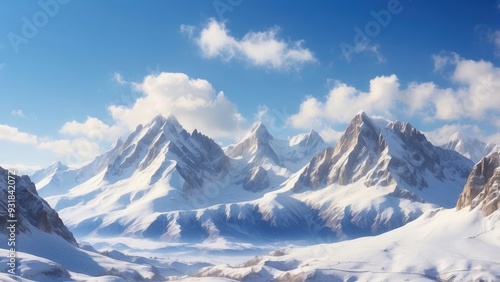 Snow-covered mountains under a clear blue sky, crisp and cold.