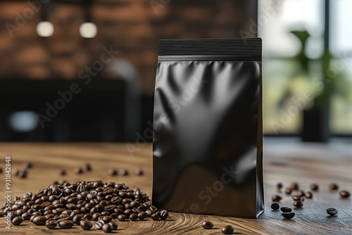 Black Coffee Bag with Beans on Rustic Table