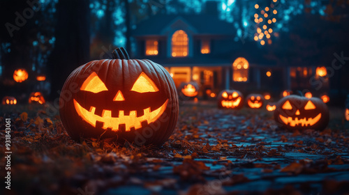 Glowing jack-o'-lanterns lining a cobblestone path to a decorated house on Halloween night