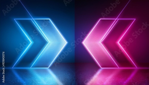 Abstract background with glowing neon lights of blue pink colors on opposite facing arrows on shiny reflecting stage