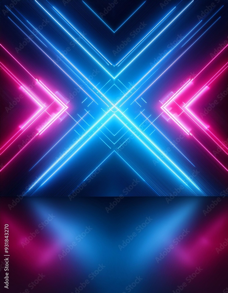 Abstract background with glowing neon lights of blue pink colors on opposite facing arrows on shiny reflecting stage Abstract background with glowing neon lights of blue pink colors on opposite facing arrows on shiny reflecting stage