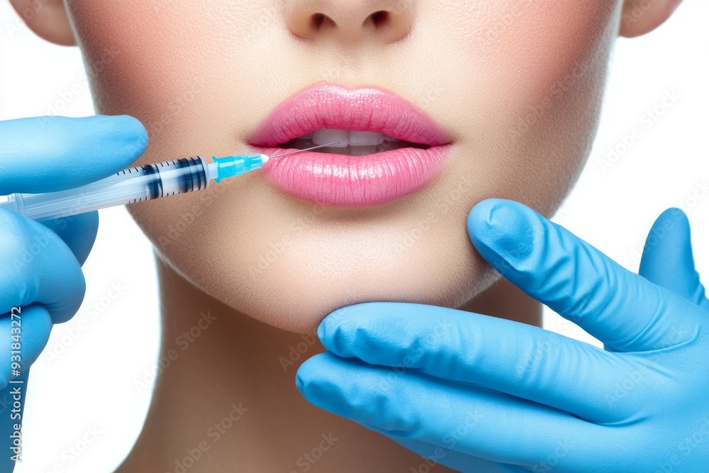 The cosmetologist holding the syringe while injecting collagen in the chin of a young woman, against a white studio background, cropped, close up, view The cosmetologist holding the syringe while injecting collagen in the chin of a young woman, against a white studio background, cropped, close up, view