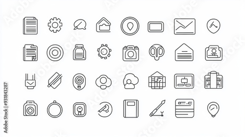 Vector set of thin line mini icons, featuring simple outlines on a 24x24px grid. Pixel-perfect design with editable strokes.