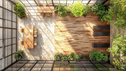 Aerial View of a Bright Modern Workspace with Wooden Floors and Greenery