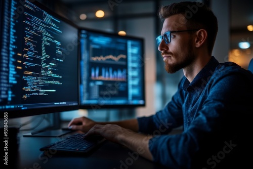 Programmer working late at night with computer code on screen