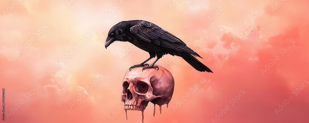 Fototapeta premium Black raven, perched on a skull, ominous clouds, Watercolor style