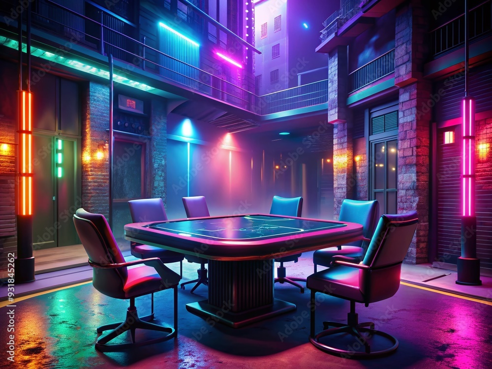 Neon Noir Alchemy: A virtual poker table immersed in a gritty, neon-lit urban environment with atmospheric lighting. Neon Noir Alchemy: A virtual poker table immersed in a gritty, neon-lit urban environment with atmospheric lighting.
