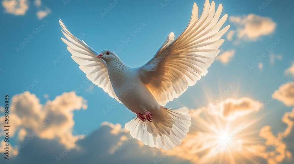 A majestic white dove soaring through the sky, symbolizing freedom and peace, with radiant sunlight breaking through the clouds A majestic white dove soaring through the sky, symbolizing freedom and peace, with radiant sunlight breaking through the clouds