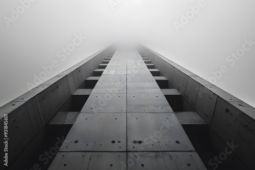 A Towering Perspective: Concrete Structure Disappearing into the Fog