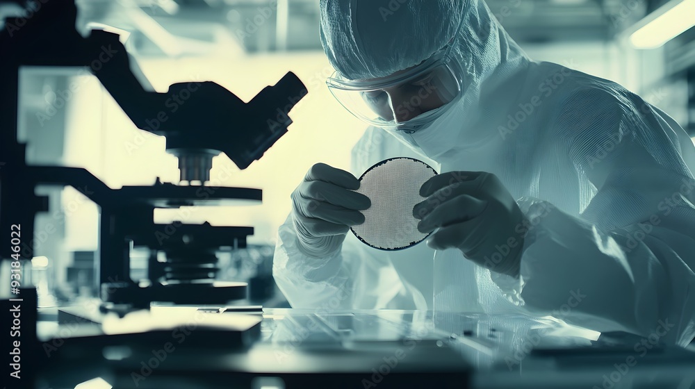 Scientist Examining Sample Through Microscope in Laboratory Workspace Scientist Examining Sample Through Microscope in Laboratory Workspace