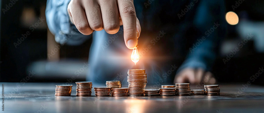 Igniting Potential: A Hand Holding a Light Above a Stack of Coins Illuminates Wealth Creation Igniting Potential: A Hand Holding a Light Above a Stack of Coins Illuminates Wealth Creation