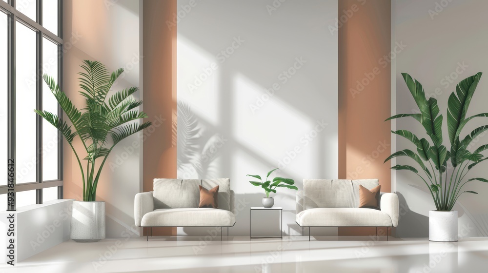 Bright and airy living room showcases two sofas, potted plants, and elegant decor in a minimalist style Bright and airy living room showcases two sofas, potted plants, and elegant decor in a minimalist style