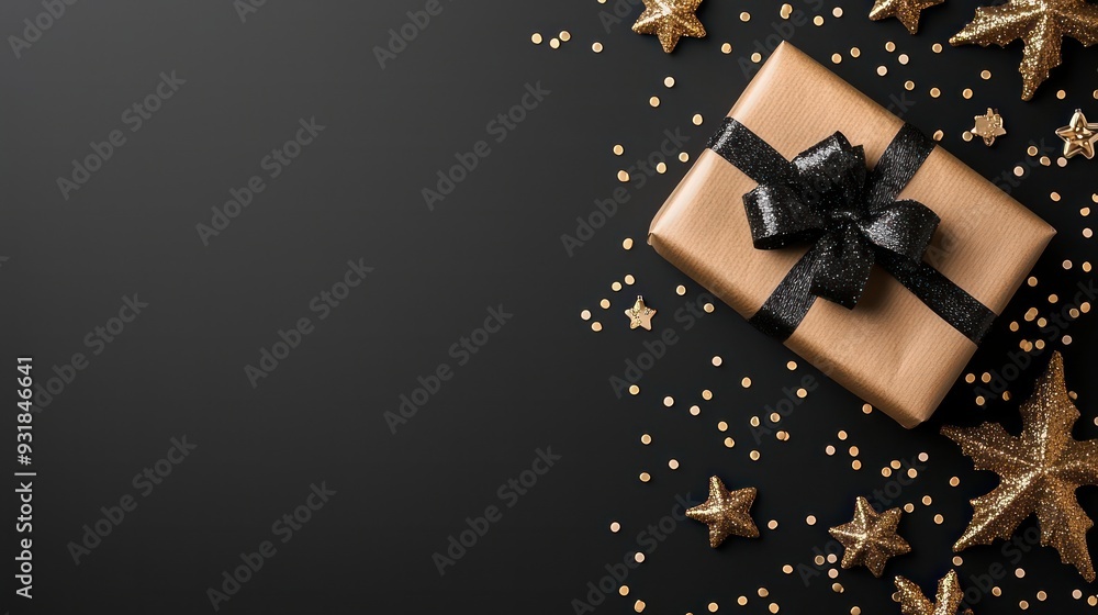 A box with a black bow on top of a black background with gold stars scattered around it. Concept of celebration and joy, as the box is likely a gift for a special occasion A box with a black bow on top of a black background with gold stars scattered around it. Concept of celebration and joy, as the box is likely a gift for a special occasion