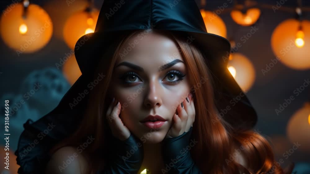 A woman with a black hat and red hair is looking down. The image has a Halloween theme A woman with a black hat and red hair is looking down. The image has a Halloween theme