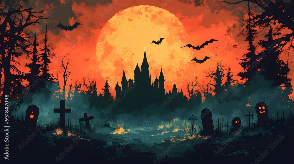 Flat design vector of a spooky Halloween scene with a haunted castle silhouette, bats, and a graveyard on an orange backdrop. Flat design vector of a spooky Halloween scene with a haunted castle silhouette, bats, and a graveyard on an orange backdrop.