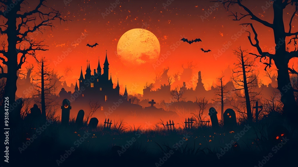 Vector illustration in flat design of a haunted castle with bats and a graveyard, on an orange background for Halloween. Vector illustration in flat design of a haunted castle with bats and a graveyard, on an orange background for Halloween.