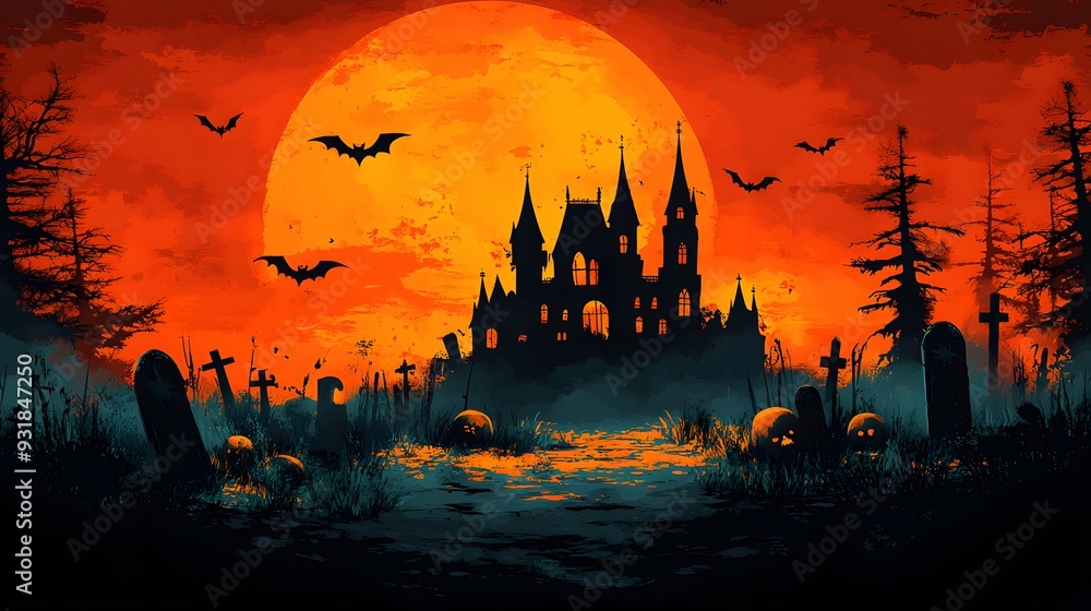 Vector flat design Halloween scene with a haunted castle, flying bats, and a graveyard, illustrated on an orange backdrop. Vector flat design Halloween scene with a haunted castle, flying bats, and a graveyard, illustrated on an orange backdrop.