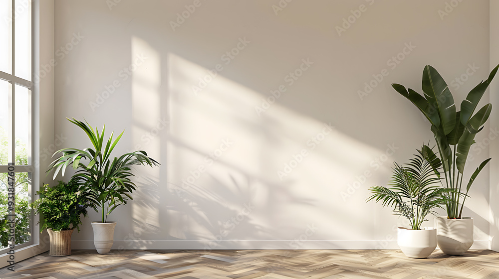 A minimalist interior with a white wall, hardwood floors, and potted plants, bathed in warm sunlight. A minimalist interior with a white wall, hardwood floors, and potted plants, bathed in warm sunlight.