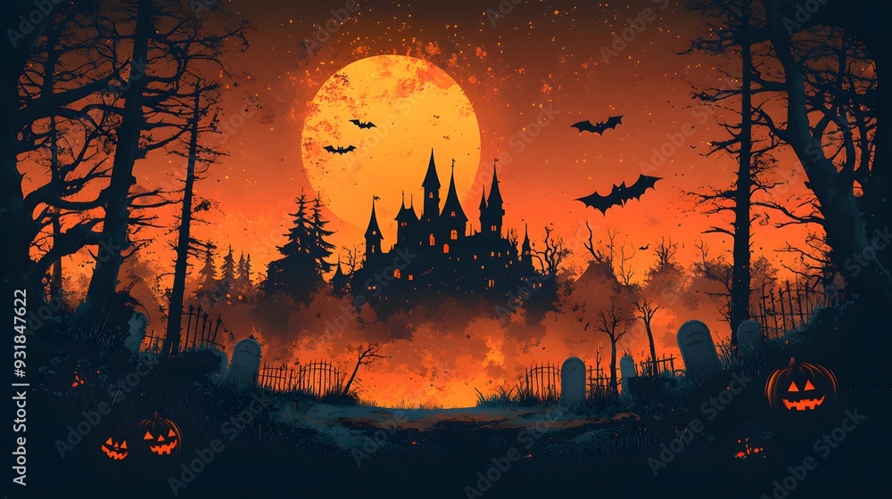 Flat design vector of a haunted castle with bats and a graveyard, illustrated on an orange background perfect for Halloween. Flat design vector of a haunted castle with bats and a graveyard, illustrated on an orange background perfect for Halloween.