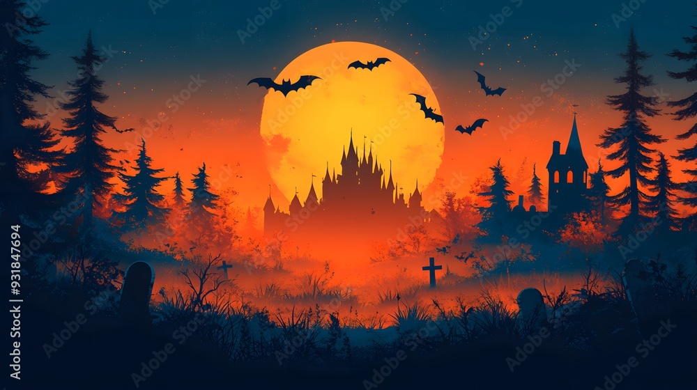 Vector illustration of a haunted castle silhouette with flying bats and a graveyard, set against an orange background in flat design. Vector illustration of a haunted castle silhouette with flying bats and a graveyard, set against an orange background in flat design.